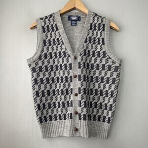 Vintage Houndstooth Sweater Vest Size Medium Gray Navy Wool Academia Grandpa